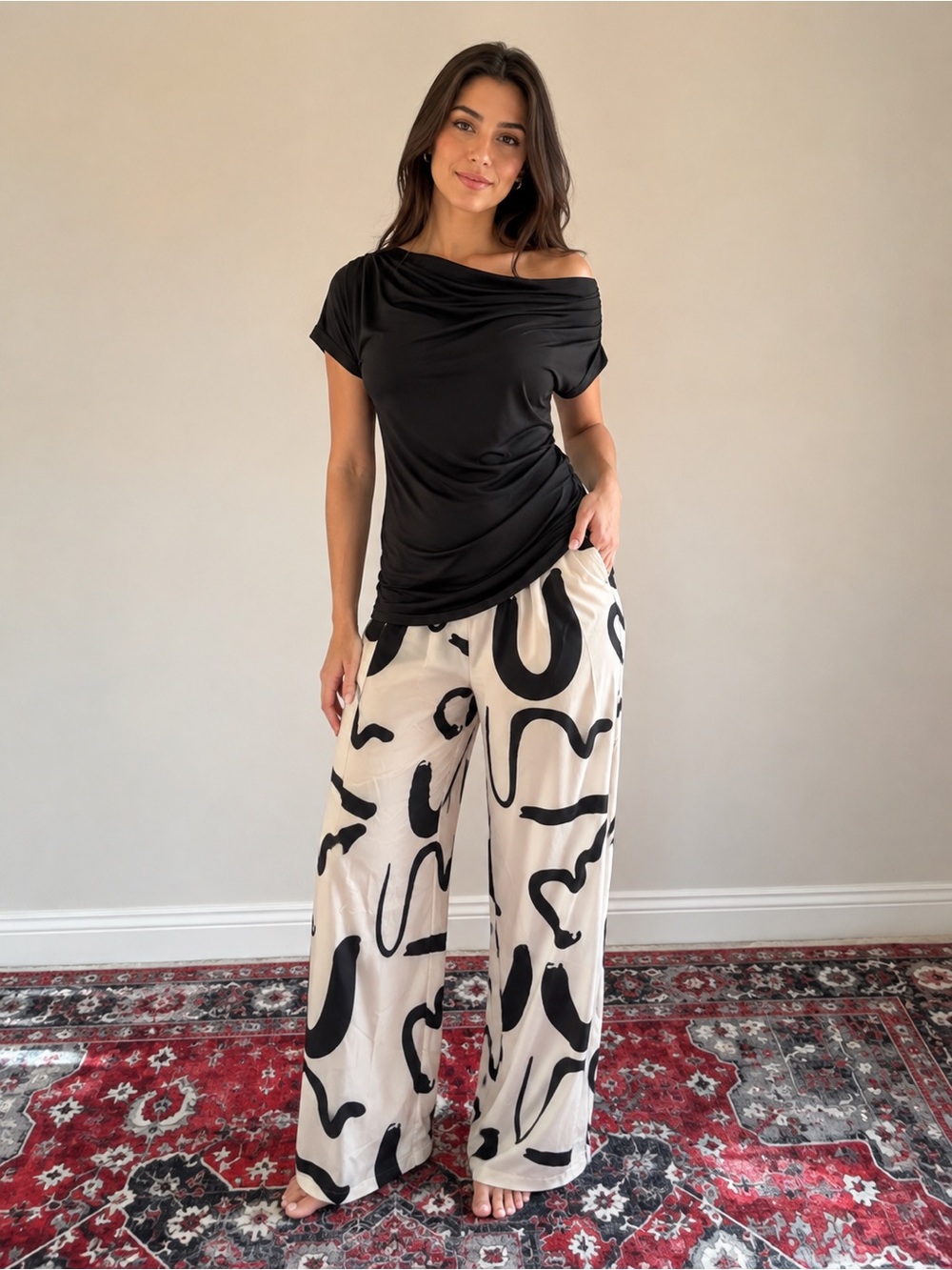 Wide Leg Abstract Print Pants in Cream & Black and black tunic set S zz3-7